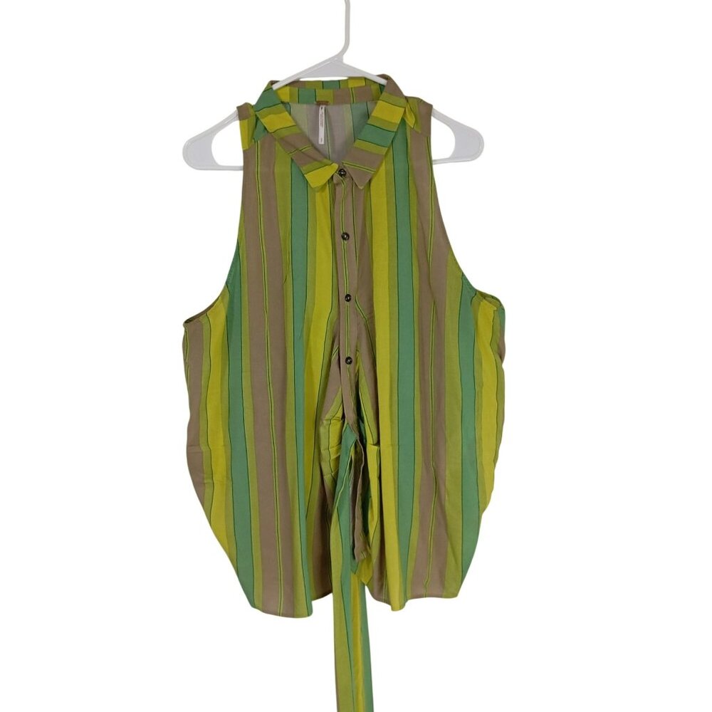 Free People Striped Sleeveless Button-Down Tie-Front Blouse Top S Green & Yellow - Picture 2 of 12